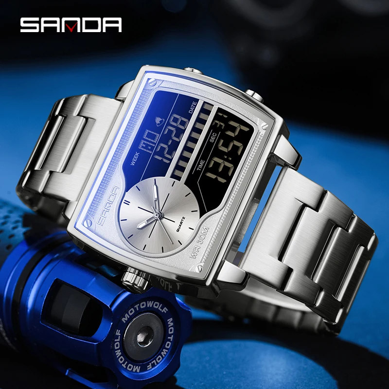 SANDA 6163 Trend Herren-Quarzuhr, Kalender, modisch, quadratisch, Countdown, Sport, wasserdicht, Dual-Display, digitale Uhren für Männer