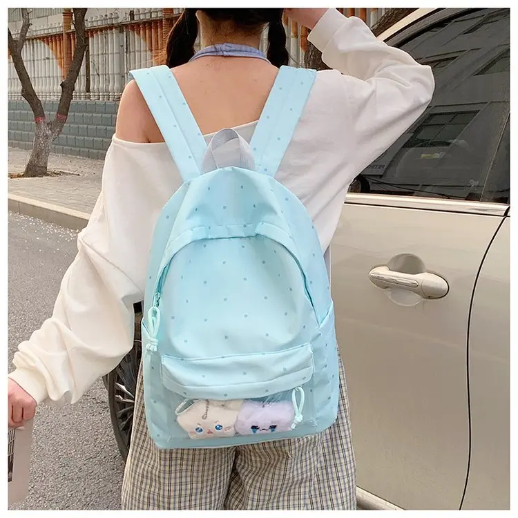 Cute Polka Dot Transparent Backpack Youthful Design Dual Shoulder Bag for College Students Playful Trendy Nylon Material