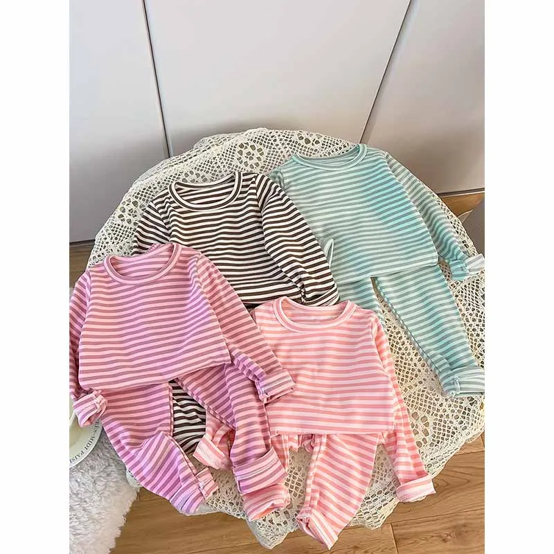 

Kids 4Pcs/set Pajamas Boys Striped Suit Girls Warm Casual Outfit Baby Long-Sleeved Top Pant 2Pcs Spring Autumn New Clothes