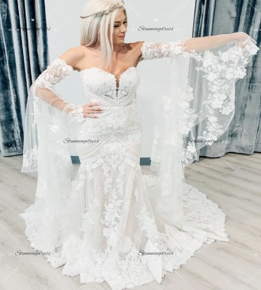 

Elegant Bohemian Mermaid Wedding Dress With Flare Sleeve Sweetheart Lace Garden Boho Bridal Dress Elegant Country Bride Dress