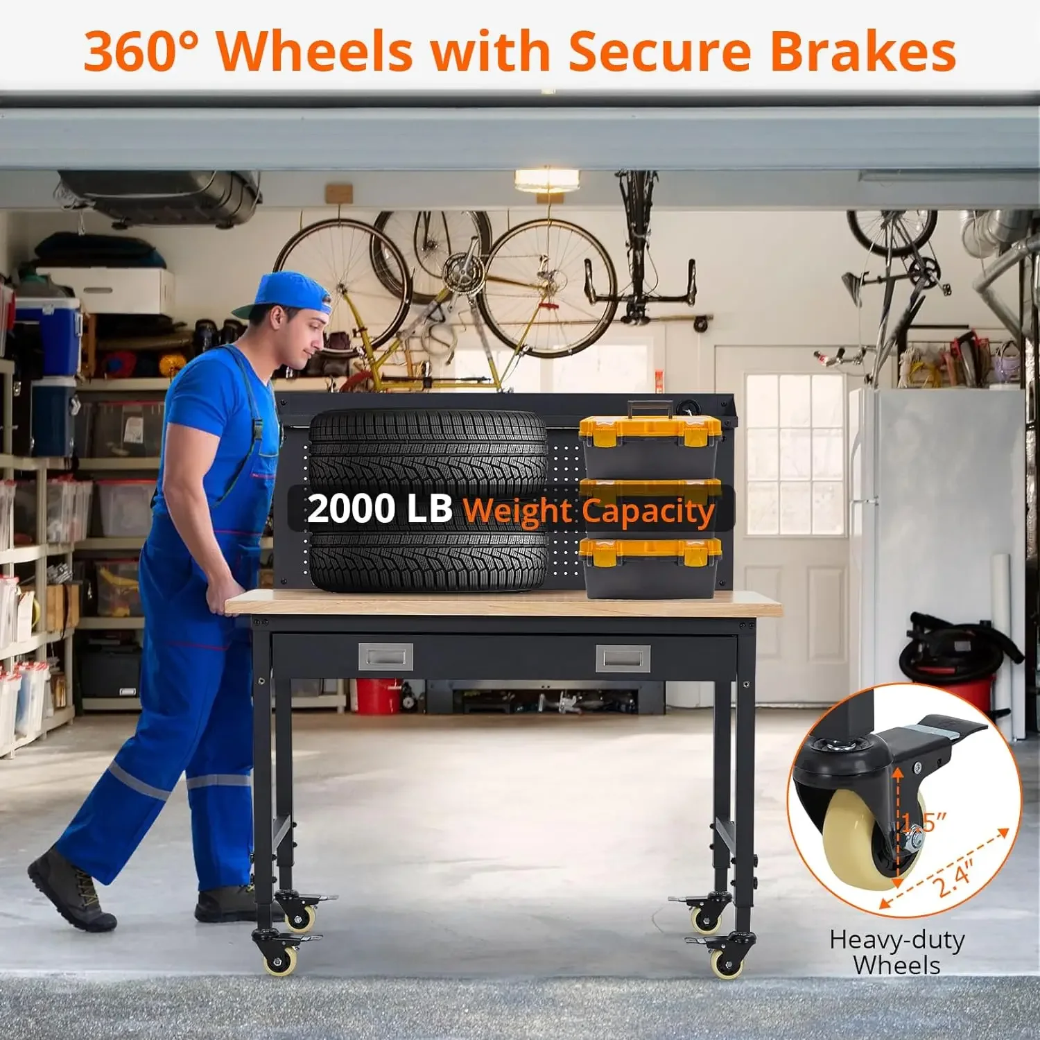 48" X 24" Adjustable Workbench 2000 Lbs Capacity Rubber Wood Shop Table Heavy Duty Workstation Drawer Table Backplate MetalFrame