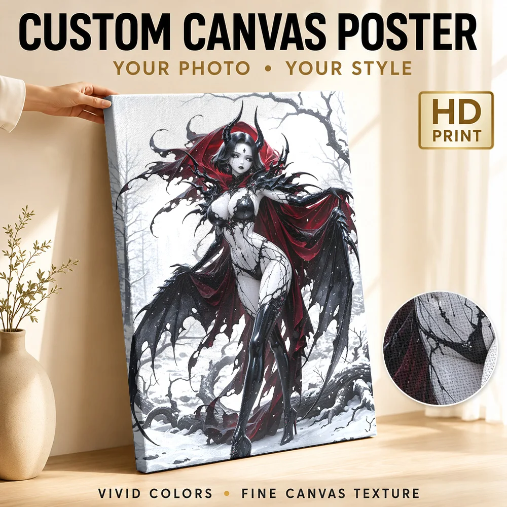 Dark Fantasy Woman in Snowy Forest Canvas Painting Poster Customized Dark Anime Wall Art for Bedroom Decor Gift for Collectors