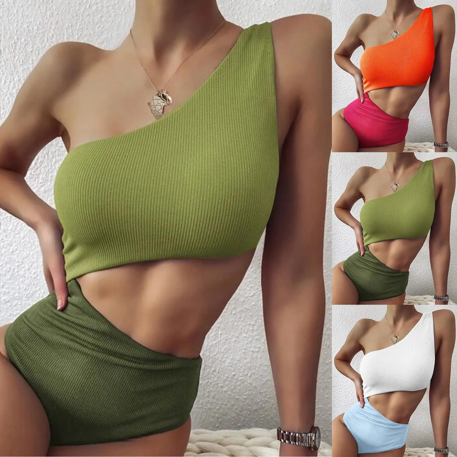 Summer Patchwork Swimwear Women 2024 Sexy One Piece Swimsuit Female One Shoulder Bathing Suit High Waist Hollow Monokini Suits