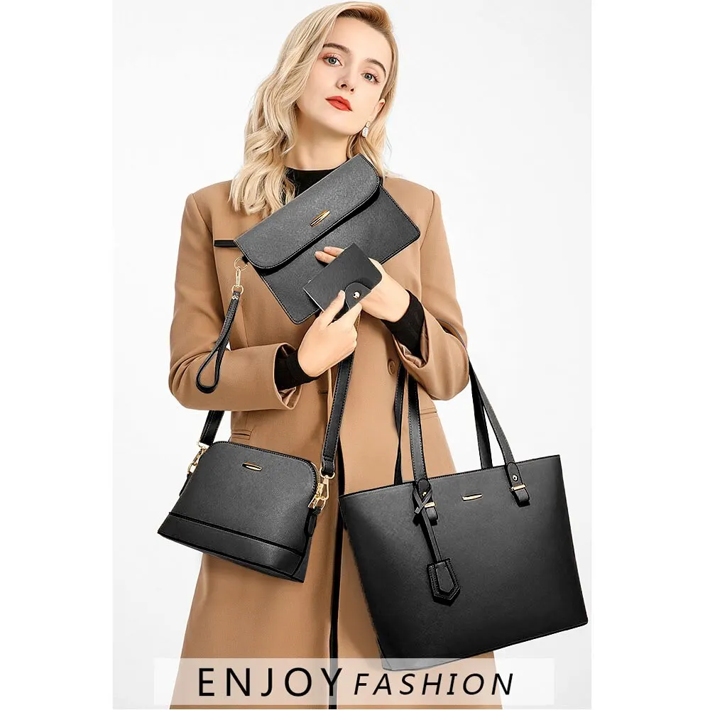 4Psc Set Women Handbags Large Capacity Women Bag Ladies Leather Tote Shoulder Bags PU Leather Purse Block Handle Tote Bags