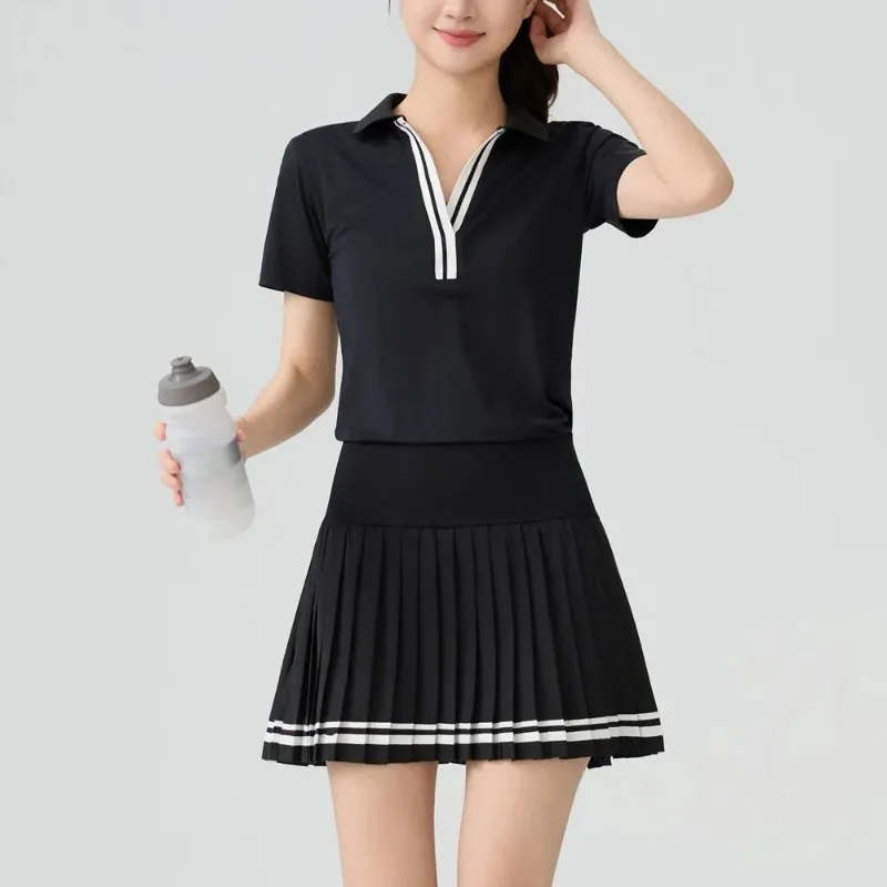 

Women Sports Two Piece Set Color Contrast Slim Quick Dry Short Sleeve Polo Top Pleated Skirt Tennis Fitness Casual Daily Outfit