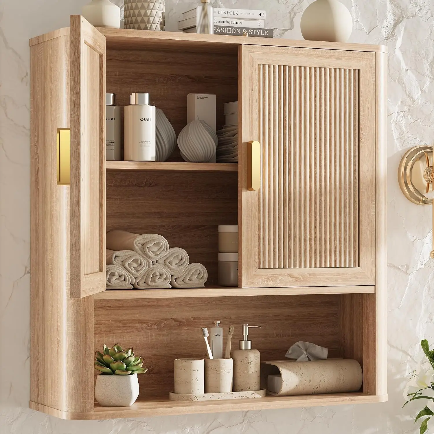 Bathroom Wall Storage Cabinet Doors, Over The Toilet Medicine Cabinet Adjustable Wood Shelf & Open Shelf for Laundry Room Kitchen, Natural Oak