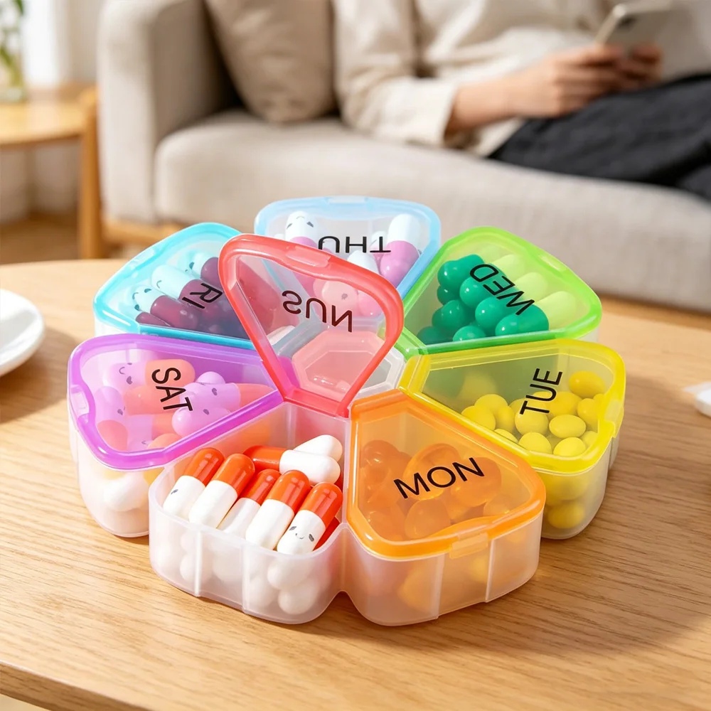 

Portable 7-Day Pill Organizer with Rainbow Floral Pattern Small Travel Pill Container for Vitamins