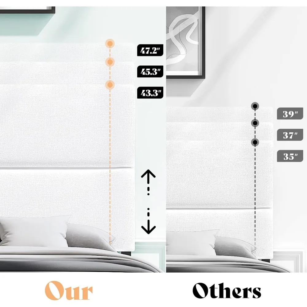 إطار سرير من الكتان المنجد بحجم كوين مع لوح رأسي قابل للتعديل، سرير بمنصة مع دعم شرائح خشبية، سهل التجميع