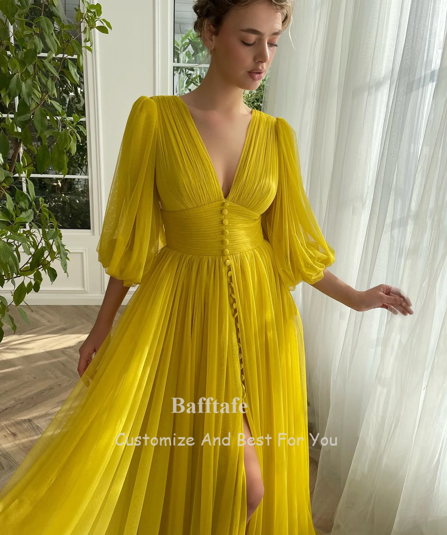 A Line Yellow Korea Prom Dresses Deep V-Neck Half Sleeves Women Formal Evening Gowns Buttons Front Slit Party Dress Customized