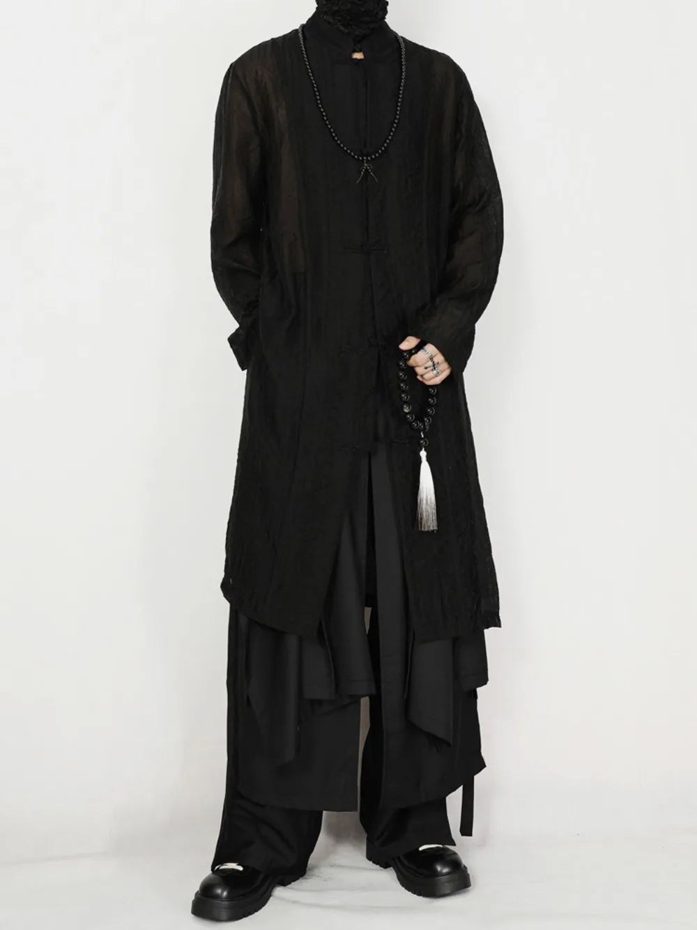 High Street Summer Thin Casual Shirt Men's Chinese Style Stand Up Collar Buckle Zen Style Elegant Long Loose Long Sleeved Shirt