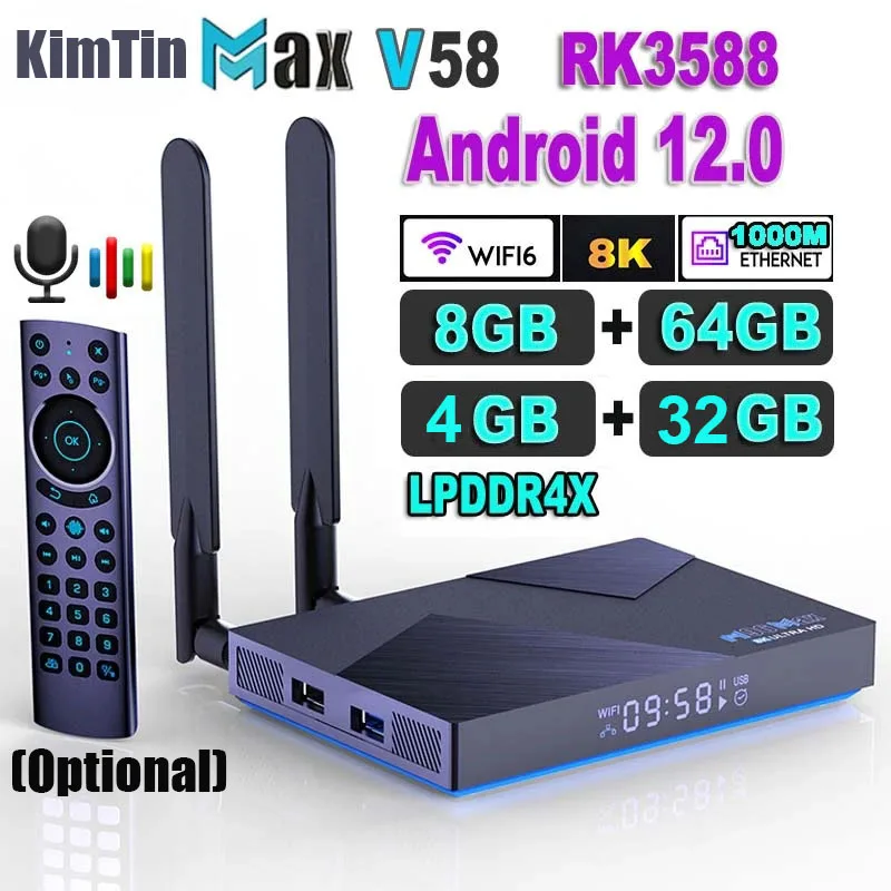KimTin V58 Android 12 TV Box Rockchip RK3588 Octa Core 8GB LPDDR4 64GB LAN 1000M WiFi Dual 2.4G 5G 6 8K 4G 32G Smart Set Top Box