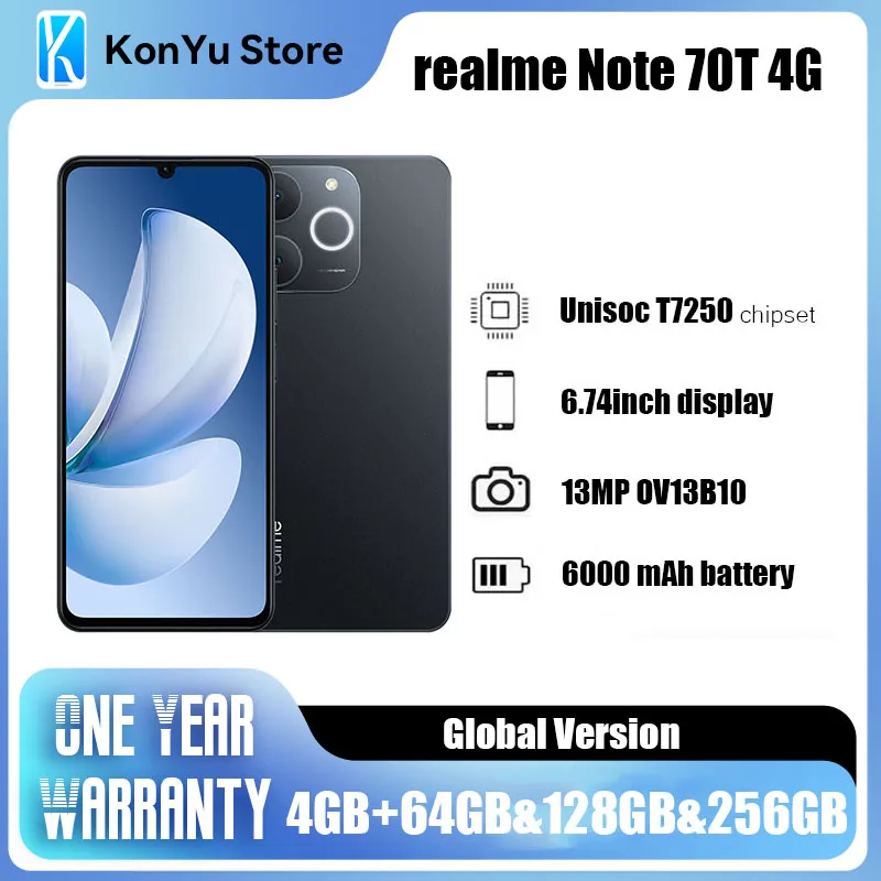 

realme Note 70T 4G Smartphone 6.75inches 90Hz Screen 6000mAh Battery 4GB RAM 64GB 128GB 256GB 13MP Al Camera IP54 Cell Phone