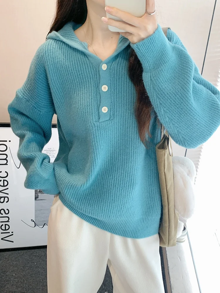 

Candy Colored Hooded Knitted Sweater Women's Casual Loose Fit Long Sve Autumn Winter New Sle AAMY Korean Lazy Sle Top