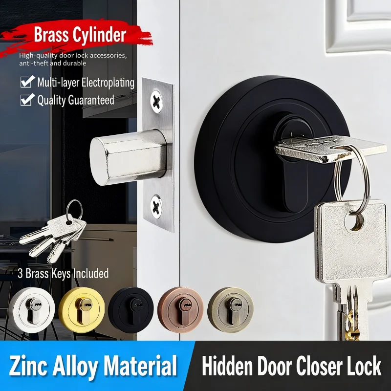 Wooden Door Invisible Lock, Single Double Sided Round Deadbolt Lock, Interior Auxiliary Lock for Bedroom and Passageway