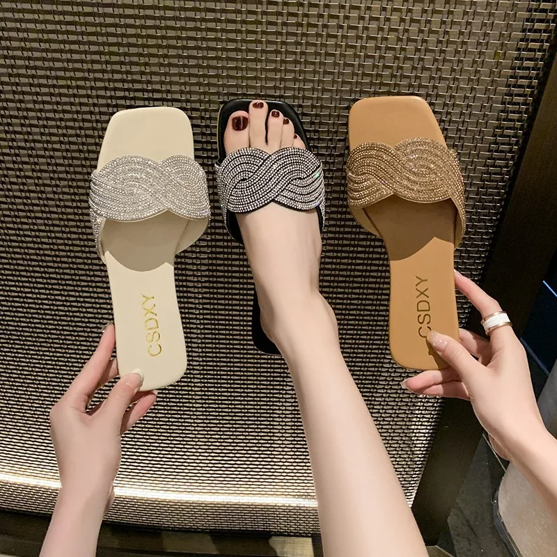 New 2024 Summer Flat Heel Rhinestone Ladies Shoes Women Fashion Rhinestones Sandals High quality Outdoor Beach Slides Slippers