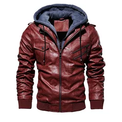 Autumn And Winter Men's Plush PU Hooded Leather Jacket Fake Two-Piece Set