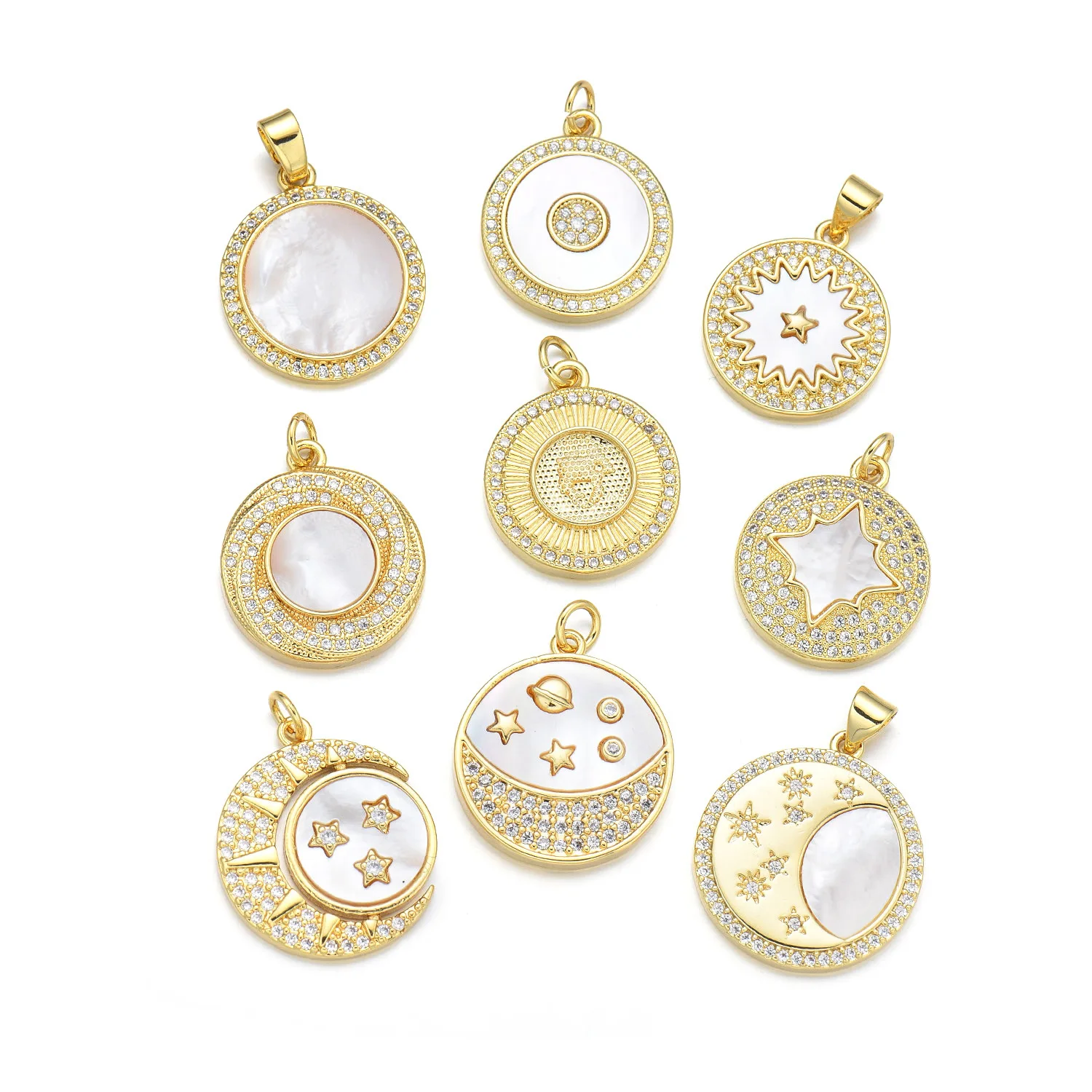 5 Pieces American Shell Copper Gold-plated Round Moon Star Necklace Pendant Accessories DIY Jewelry Making Materials Wholesale