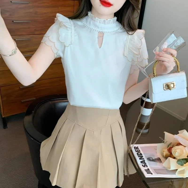 Camisa de manga corta con cuentas para mujer 2025, novedad de verano, camisa de gasa a la moda con lazo