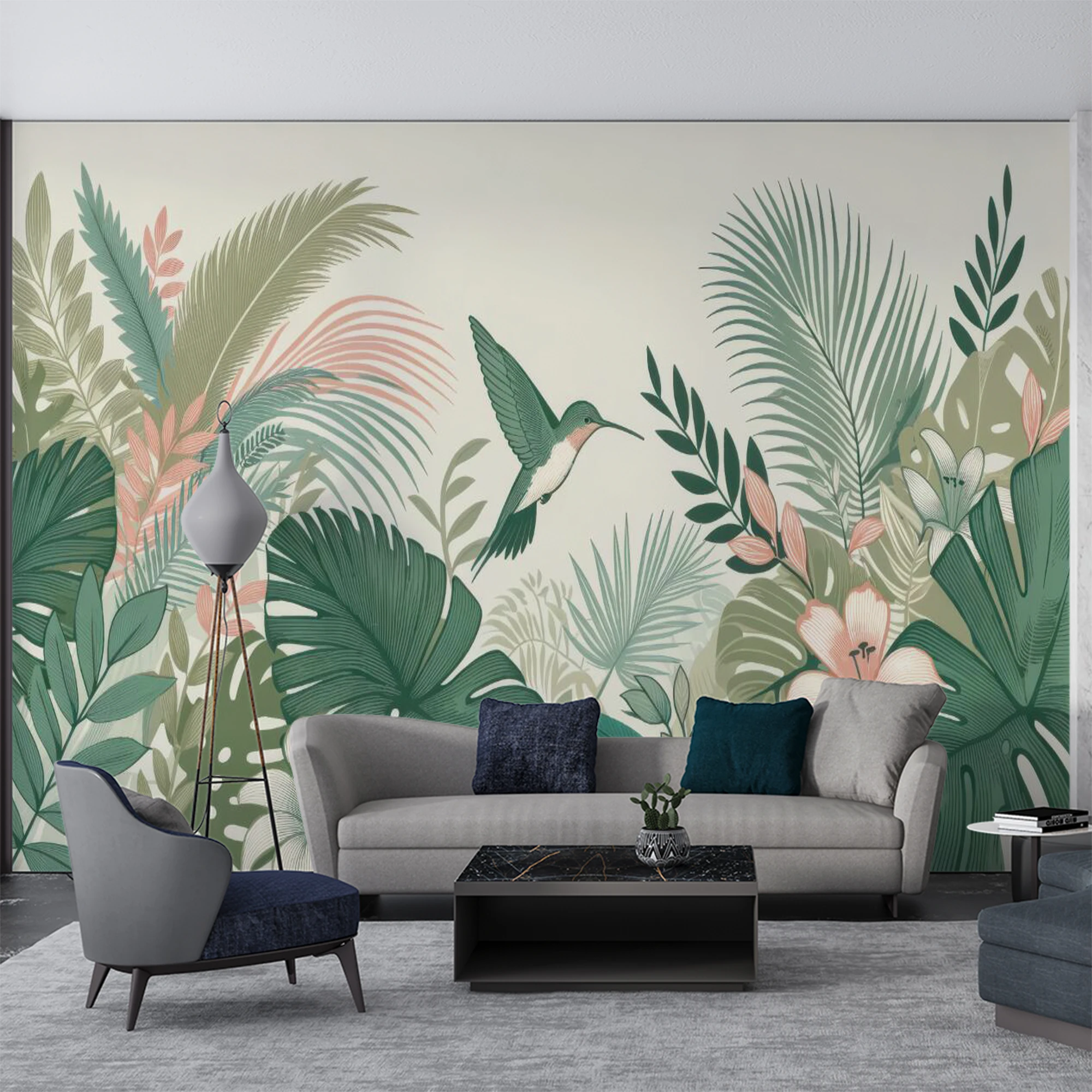 Custom Size Wall Mural Vintage Tropical Plant Hummingbird Wallpaper, Boho Jungle Flower Leaf Wall Decor for Background Wall