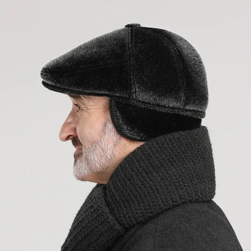 

Winter Faux Mink Fur Newsboy Hat With Earflaps Beret Warm for The Elderly Peaked Cap Bonnet for Old Men Flat Gorras