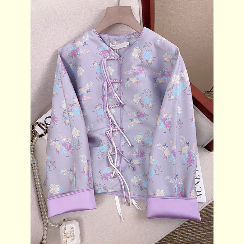 Purple New Chinese Style Coat Women Tang Clothes Vintage Jacquard Jacket Button Down Tops Female Improved Chinese Costumes