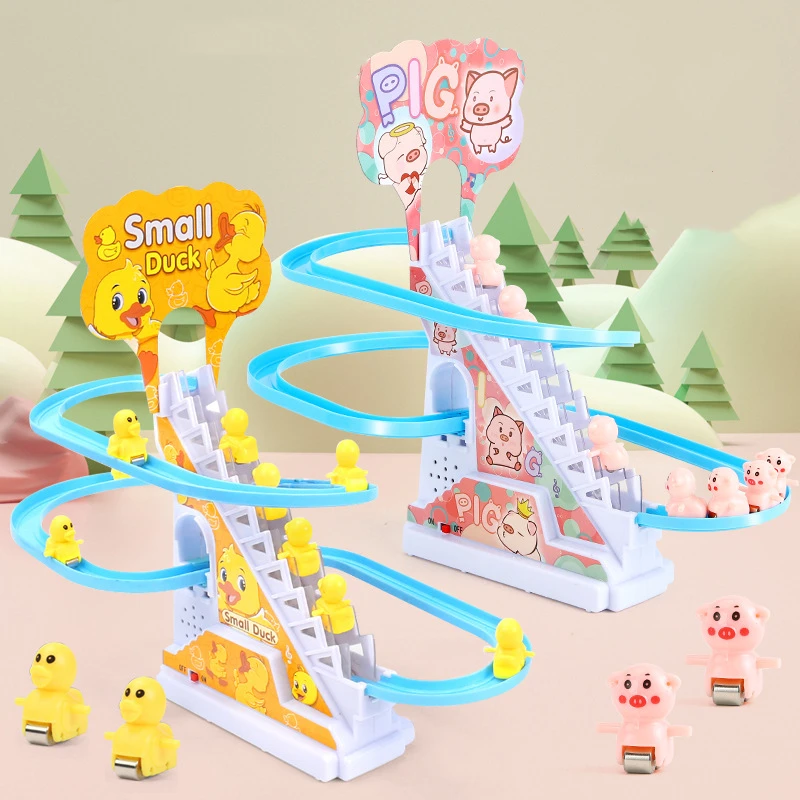 New DIY Rail Racing Track Electric Small Duck Climbing Stairs Toy Pig Action Figures Toys Music Roller Coaster Toy For Kids Gift