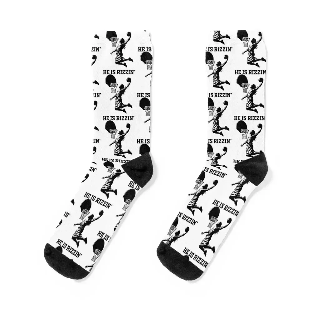 

He Is Rizzin Funny Basketball Retro Sport Socks halloween Rugby Non-slip Designer Man Socks Women's