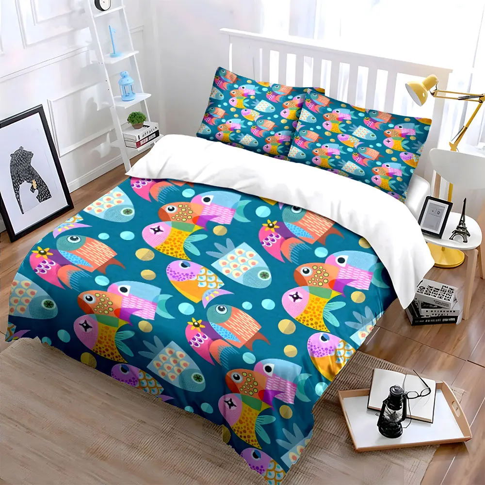 Colorful Fish Pattern Decor Set Bedding Set with 1 Duvet Cover 2 Pillowcases Single Double King Queen, Gift