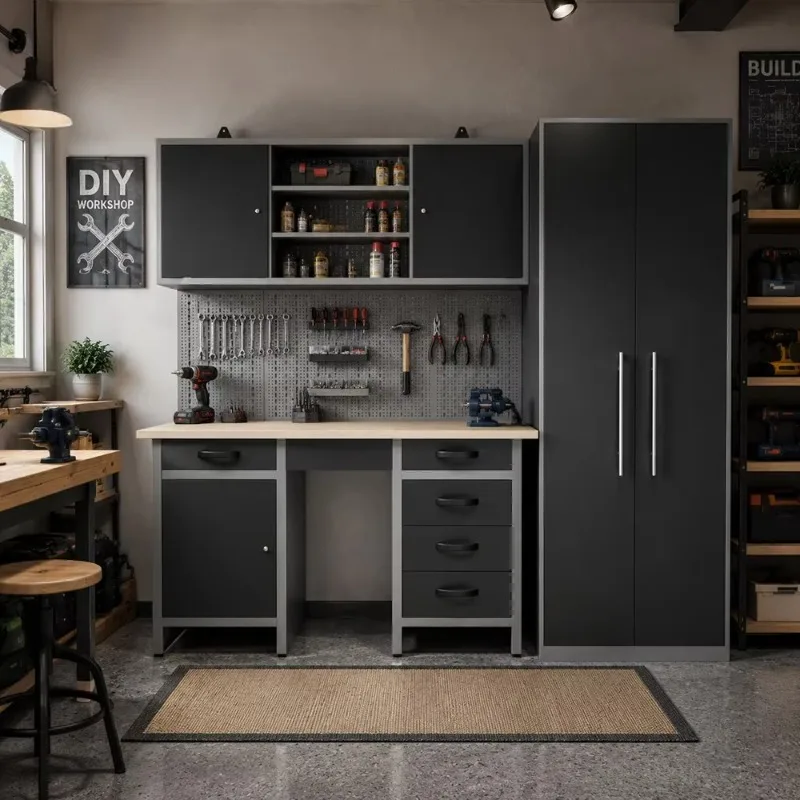 Rugged Duty Modular Garage Cabinet System Heavy Duty Steel Workshop Storage Workbench With Wall Mount Storage Box