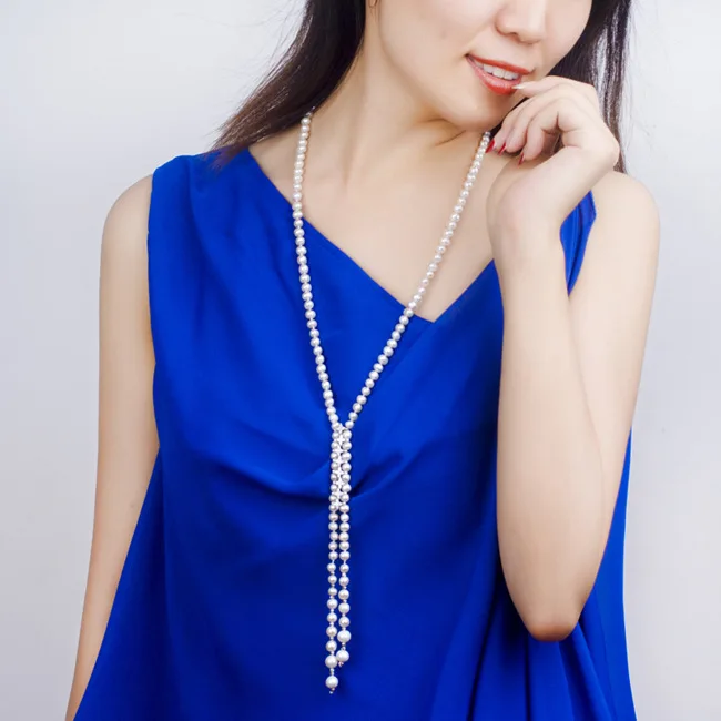 

Freshwater pearl sweater Necklace with zircon tassel long Necklace