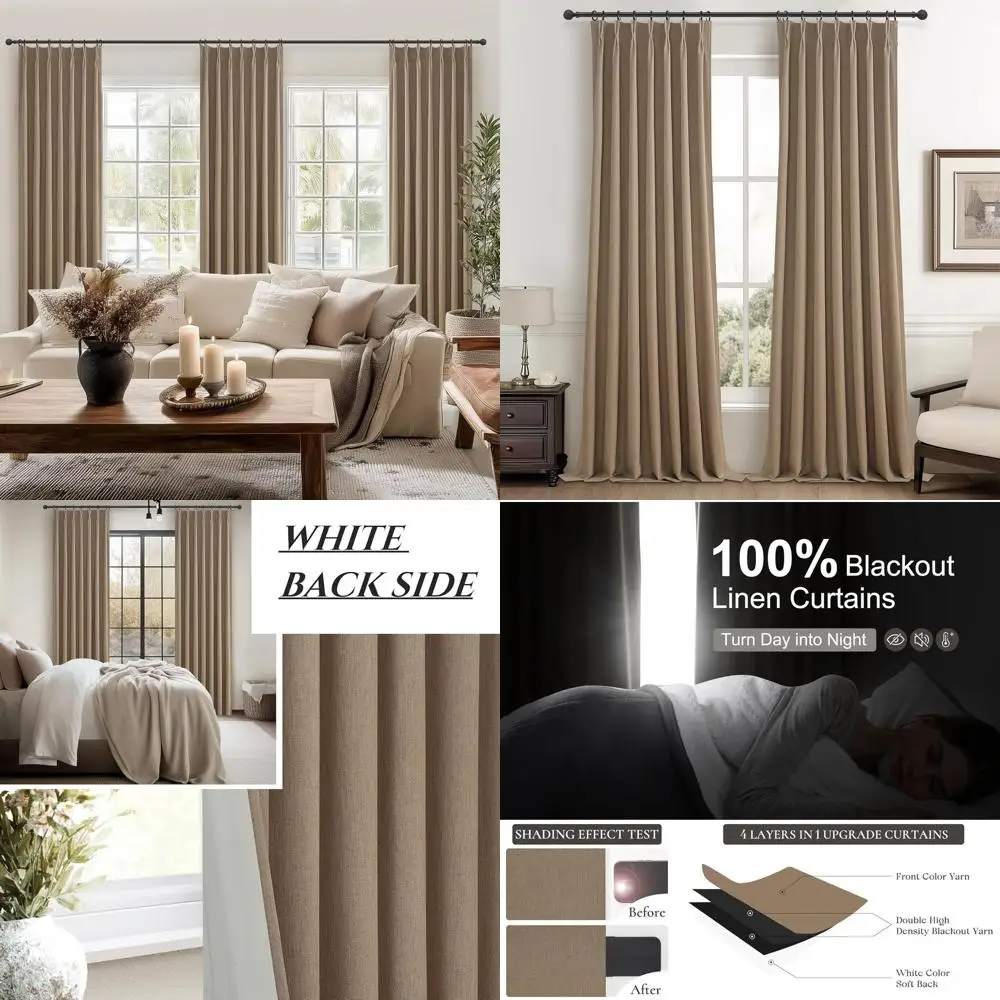 

Длинные двухсекционные шторы из льняной смеси с плиссировкой, 108 дюймов (274 см) в длину, цвета бордо и шоколадно-коричневый, для окон от пола до потолка (9 футов), светонепроницаемые.