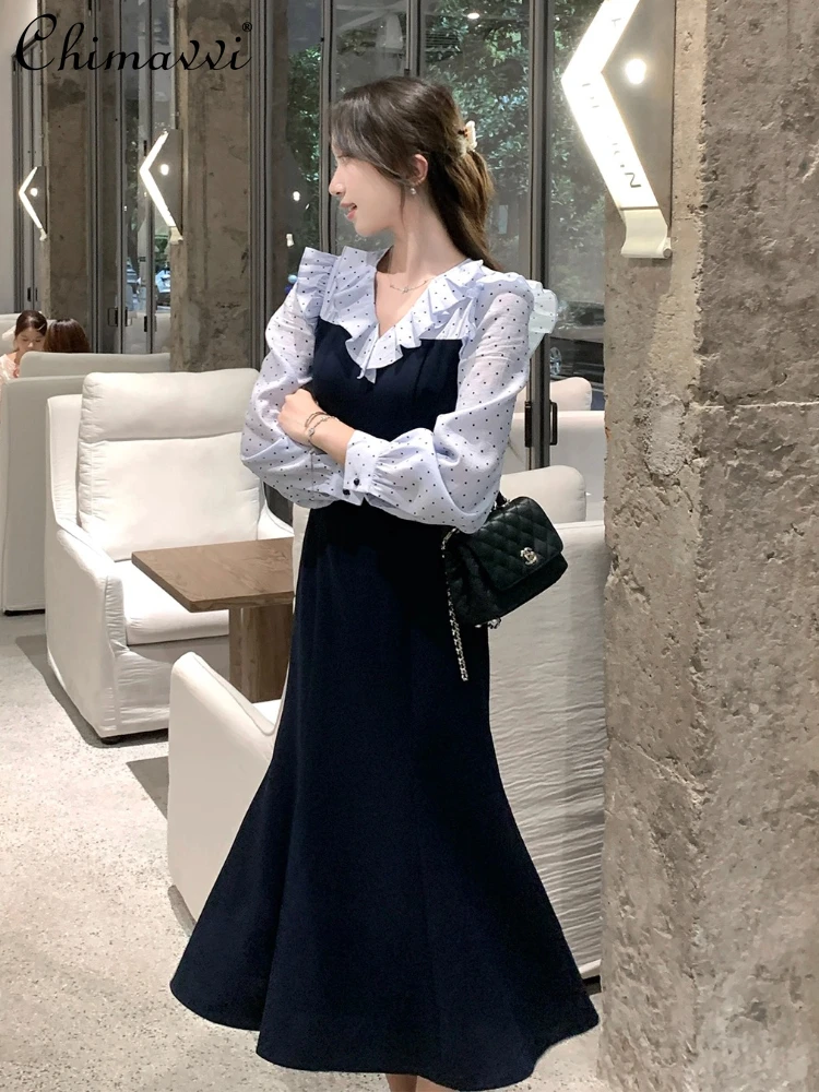 

French Style Elegant V-Neck Long Sleeve Dot Patchwork High Waist Slim Fit Casual Fashion Long Fishtail Dress for Women Autumn