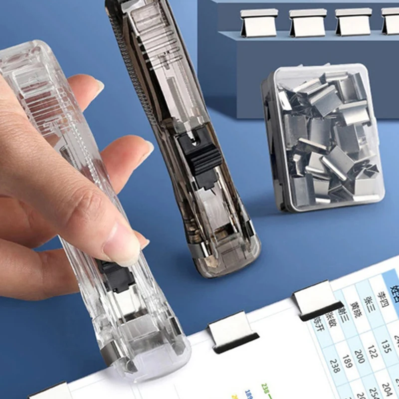Staple Metal Clip Push Hand Paper Clipper with Refill Fixing Organizing Stapler Reusable Push Clamp for Document File Stationary