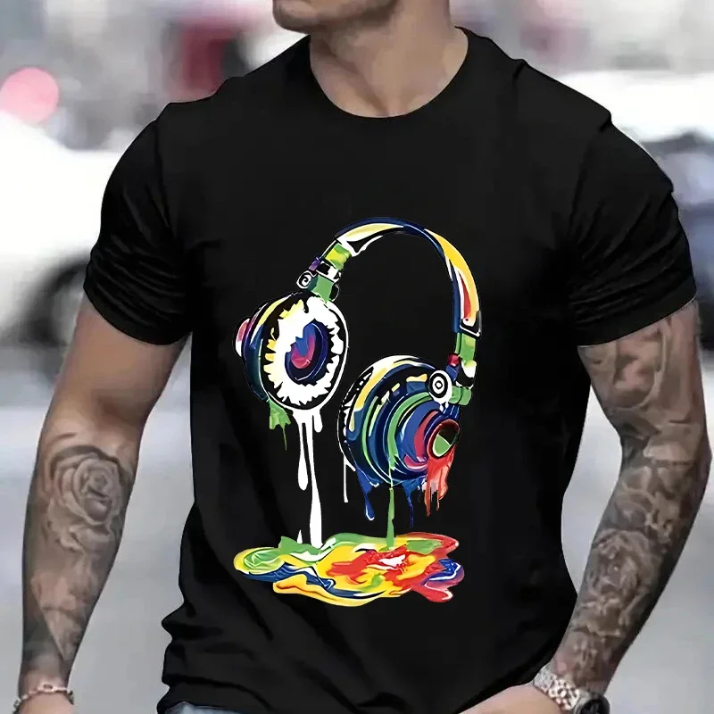 Summer Men\'s Oversized Clothing Hip Hop Melting Headset Graphic Tee Shirt Men Casual Streetwear Funny Printed Tops Cool T-shirt