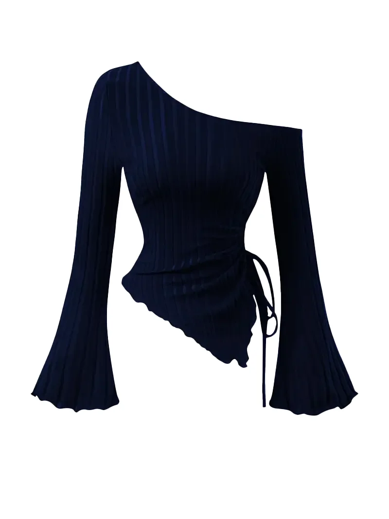 Women's Solid Color Off-Shoulder Cross Long-Sleeved Slim Fit T-Shirt Asymmetrical Elegant Casual Street Style Trumpet Sleeve Top