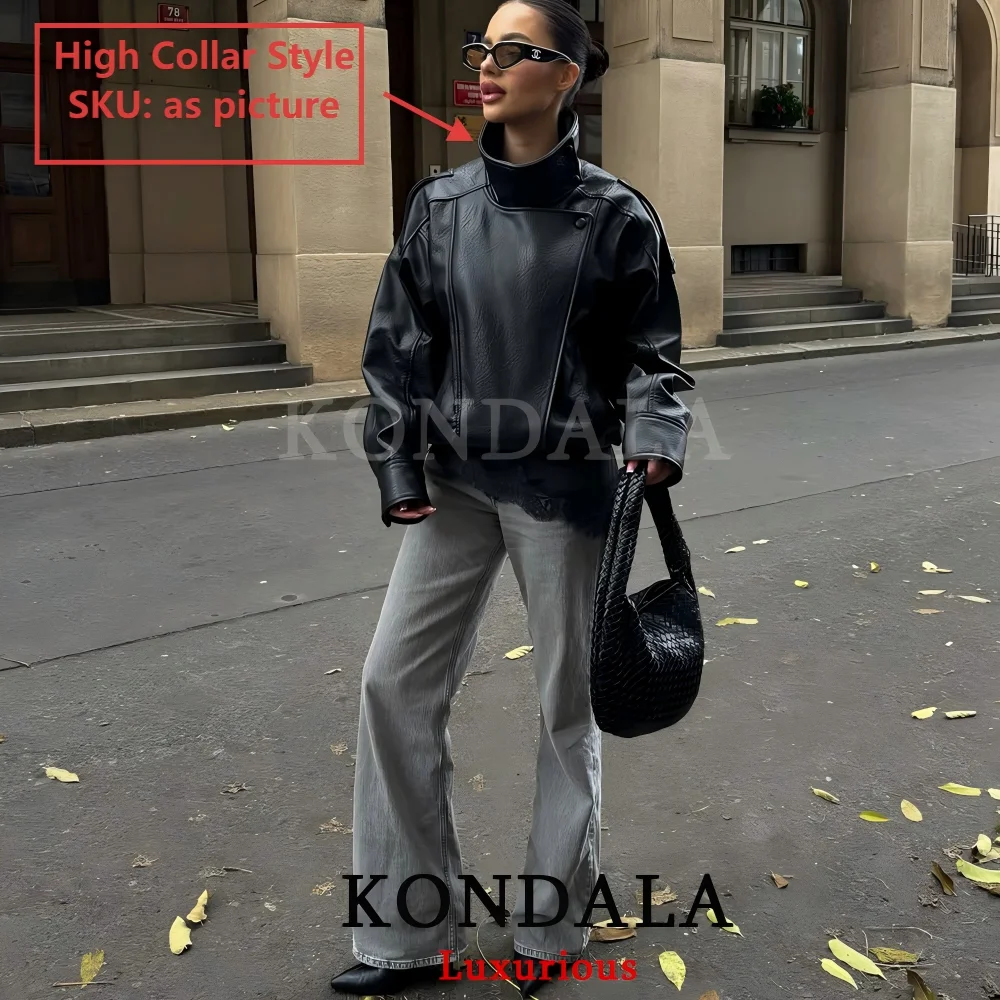 KONDALA Ležérní elegantní černé kožené bundy pro ženy s dlouhým rukávem, knoflíky, elastické nadměrné kabáty, módní podzimní streetwear kabáty 2025 - náhled 4
