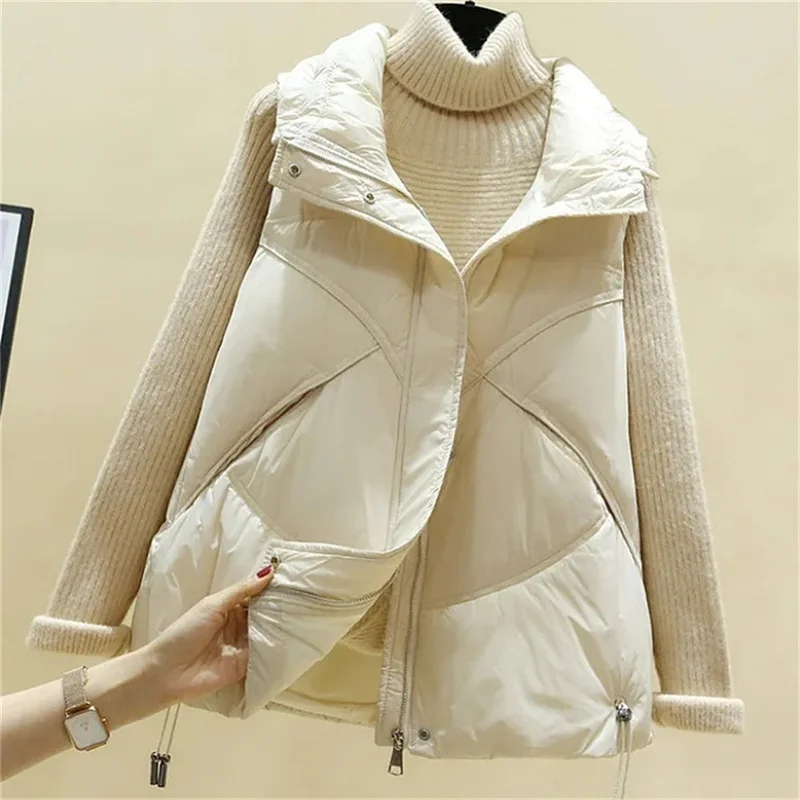 Black Down Cotton Vest Women\'s Korean Version Loose Fashion Vest Outerwear Vest 2022 Autumn And Winter Thick White Short Jacket