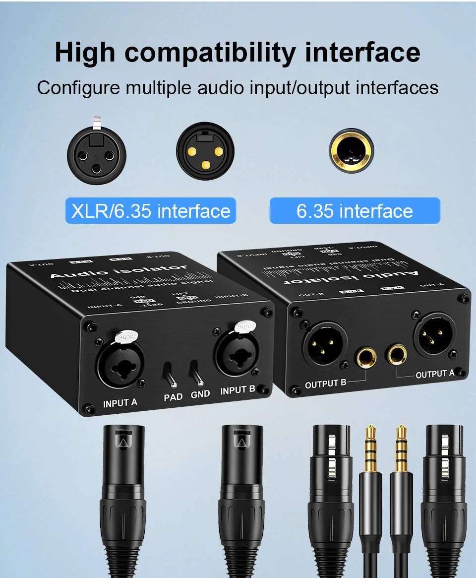 TITAK 2-Kanal XLR Audio-Isolator, Rauschunterdrückungsfilter eliminiert Stromrauschen, Dual-Kanal 6,5mm XLR Mixer Audio-Isolator – Detail 3