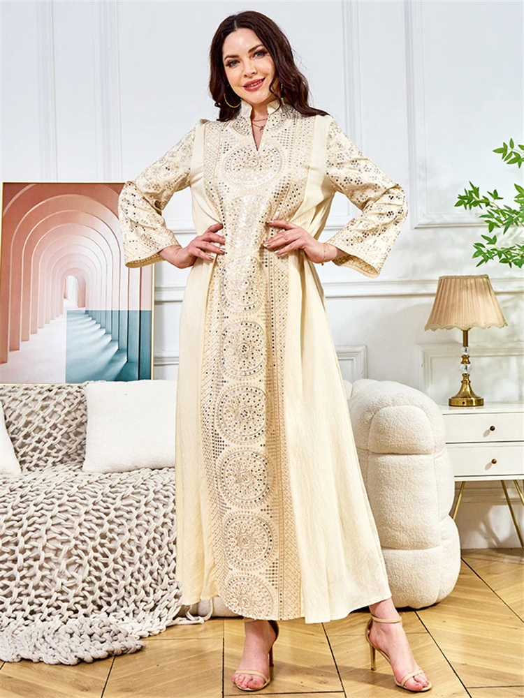 

Ramadan Muslim Women Party Evening Dress V Neck Sequins Embroidery Luxury Long Sleeve Robe