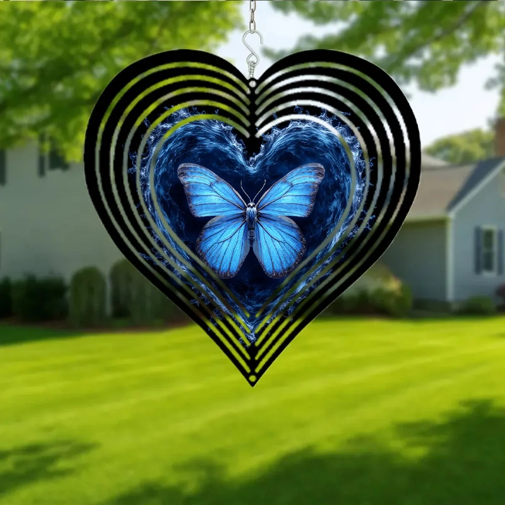 2D Flat  Metal Wind Chime, Decorative Hanging Item Featuring a Captivating Close-Up of a Blue Butterfly - Shimmering Wings with