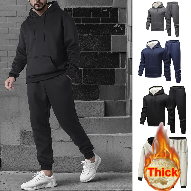 European size Winter Fleece Thicken Men's Two-piec Sports Set Hooded Thermal Suit Casual Oversized Tracksuit Funny Suit clothes