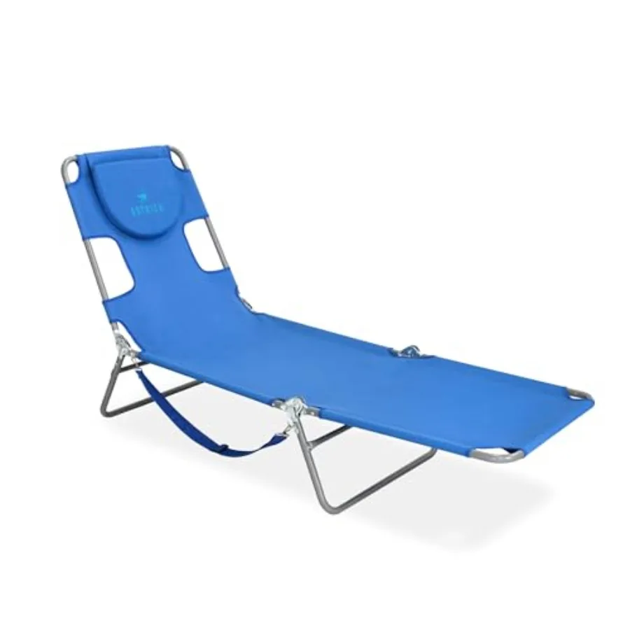 Portable reclining chaise lounge for outdoor patio, beach, lawn, camping, pool tanning; ocean blue polyester fabric; lightweigh