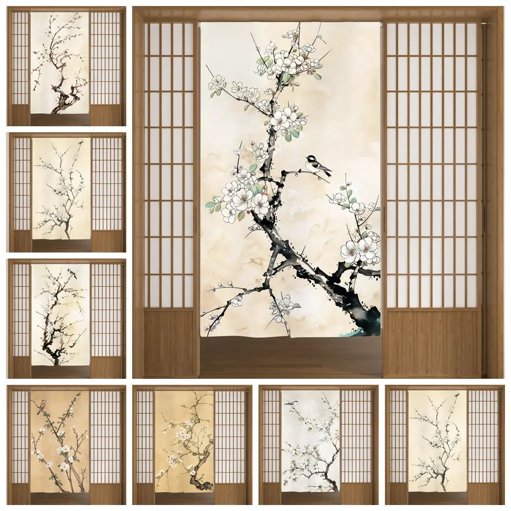 Japanische Noren-Türvorhänge mit Motiven von Zweigen, Blumen und Vögeln, Raumteiler für Wohnzimmer, Türvorhänge für Küche und Eingang, Hängevorhang, Halbvorhang