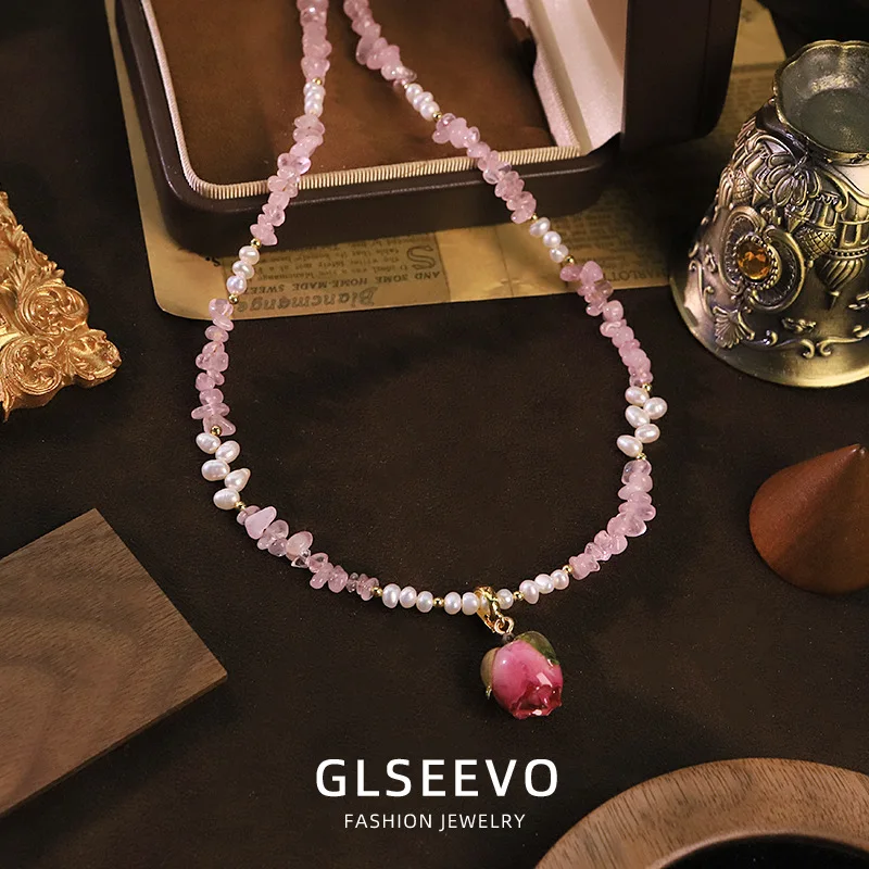 Natural Pearl Powder Flower Bud Necklace, A Versatile Clavicle Chain