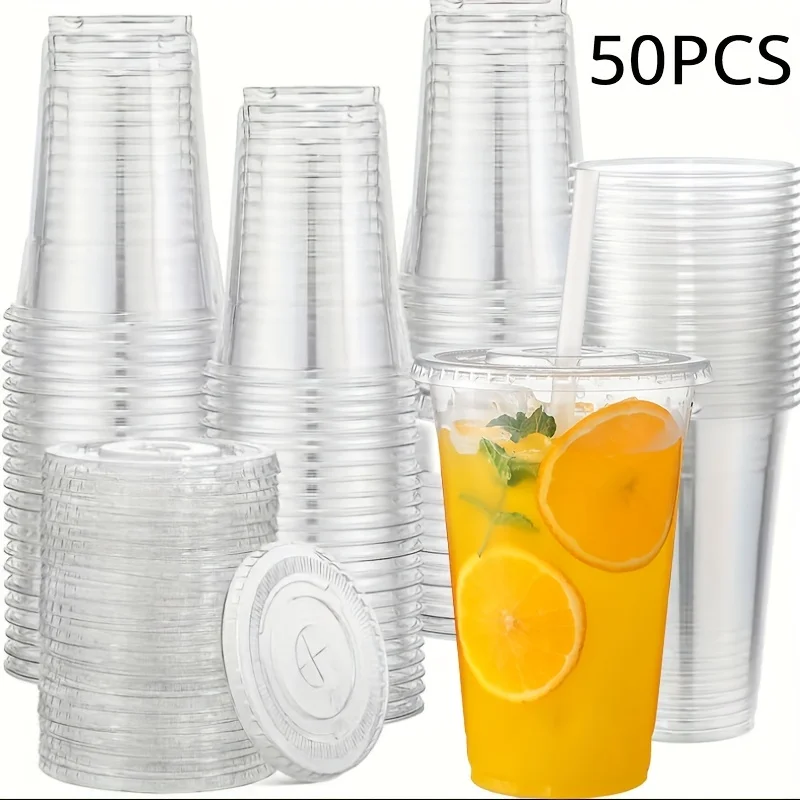 50Sets 12/16/20OZ Plastic Cups With Lids Clear Disposable Cups For Parties Iced Coffee Smoothie  Milkshake Cold Drinks