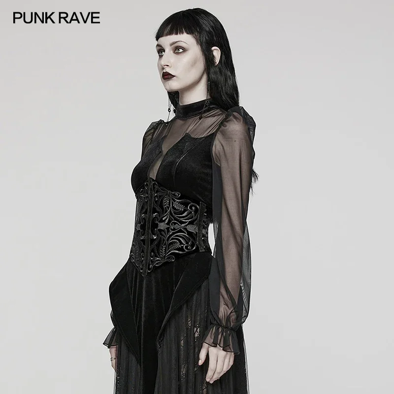 PUNK RAVE Women\'s Gothic Velveteen Embroidery Totem Retro Corset Adjustment Velvet Ribbon Drawstring Accessories Belt 2 Colors