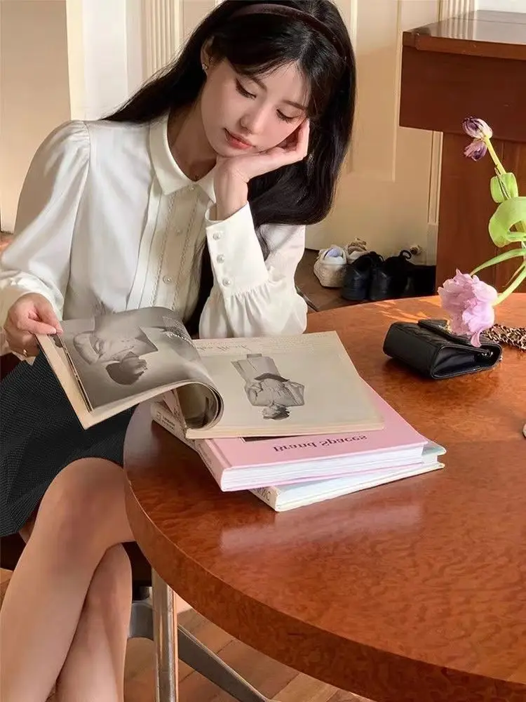 Francês chique manga comprida camisas brancas mulheres 2025 outono doce fino ajuste cintura colheita topo vintage versátil blusa