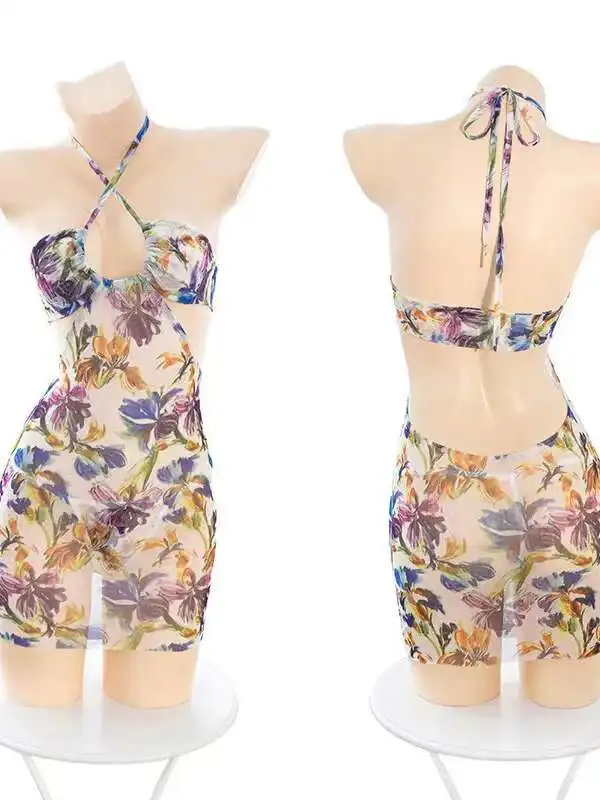 Flor dulce púrpura caliente Sexy Mini vestido transparente Tops nueva impresión Sexy Tie-dyed puro deseo picante vestido de niña elegante K7OX