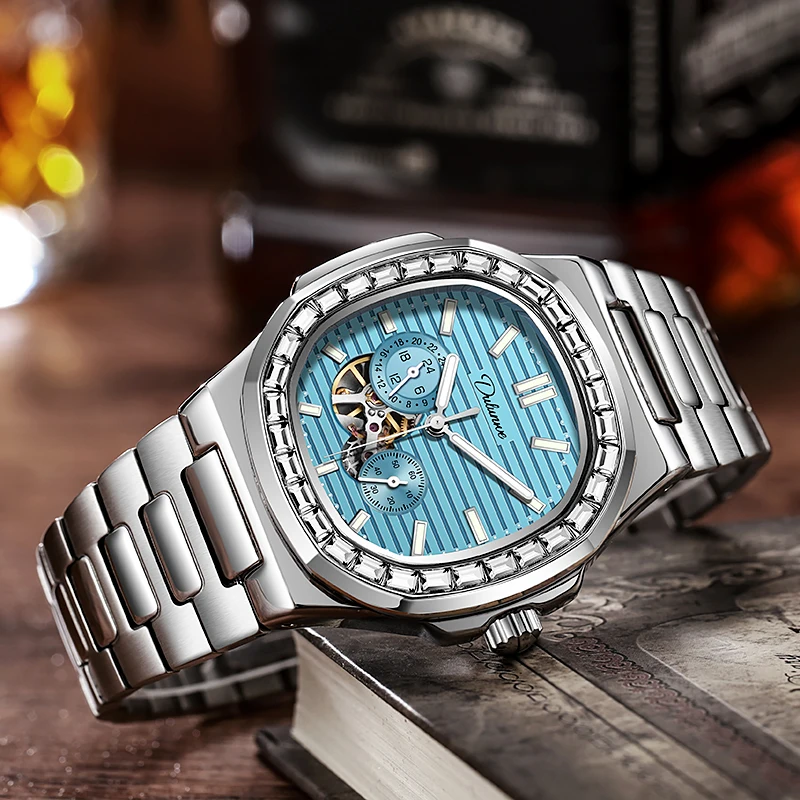 Zegarki męskie automatyczny mechaniczny zegarek sportowy męski wodoodporny zegar na rękę luksusowa tarcza marki Casual Blue reloj hombre