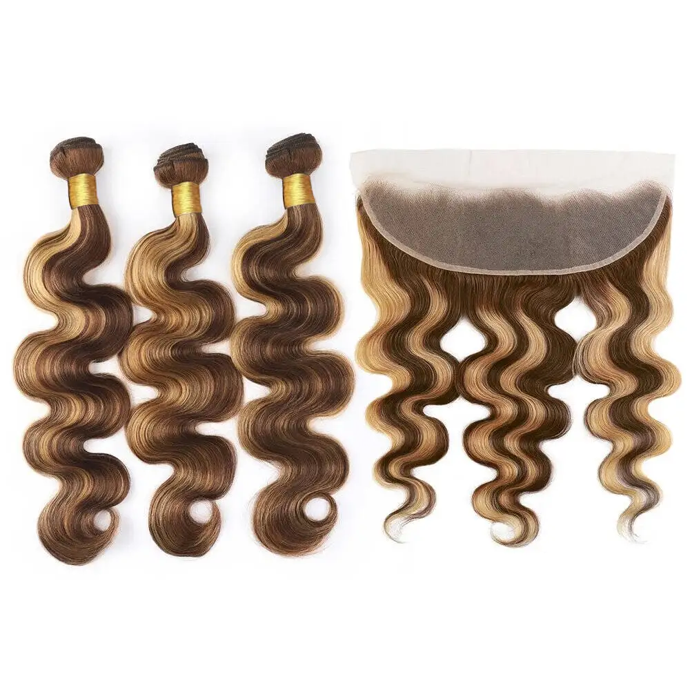 Highlight Human Hair Bundles With Closure #P4/27 Body Wave Bundles Human Hair With Closure 13x4 Lace Frontal Extensions 30 Inch